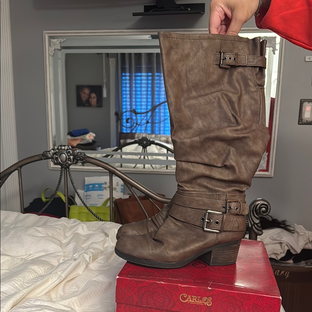 Carlos by Carlos Santana Tan Heeled Boots with Buckles